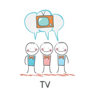 Three stick figures people all talking about TV in the same speech bubble, representing collaborative streaming.